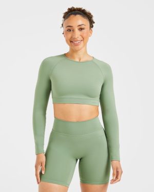 Staple Long Sleeve Crop Top - Olive Green: The Ultimate Sculpting Workout Essential