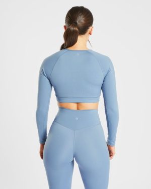 Staple Long Sleeve Crop Top - Slate Blue: The Ultimate Sculpting Workout Essential