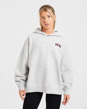 Varsity Minimal Logo Oversized Knitted Hoodie - Grey Marl/Burgundy