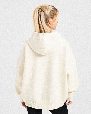 Varsity Minimal Logo Oversized Knitted Hoodie - Cream