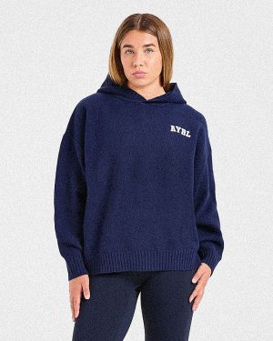 Varsity Minimal Logo Oversized Knitted Hoodie - Navy