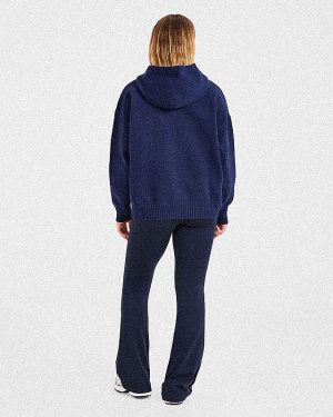 Varsity Minimal Logo Oversized Knitted Hoodie - Navy