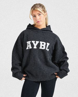 Varsity Oversized Knitted Hoodie - Charcoal: The Ultimate Comfort Statement